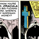 The modified panel from Solo Avengers #3 of Moon Knight asking Dracula "Where's my goddamn money?" alongside the real panel from the issue.